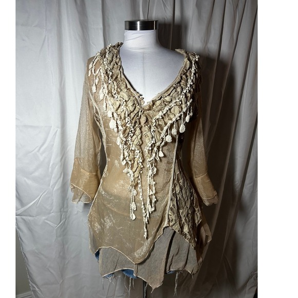 Pretty Angel Tops - Vintage Pretty Angel Silk Blend Crochet Lace Tunic Top Tan Beige Boho Fairy